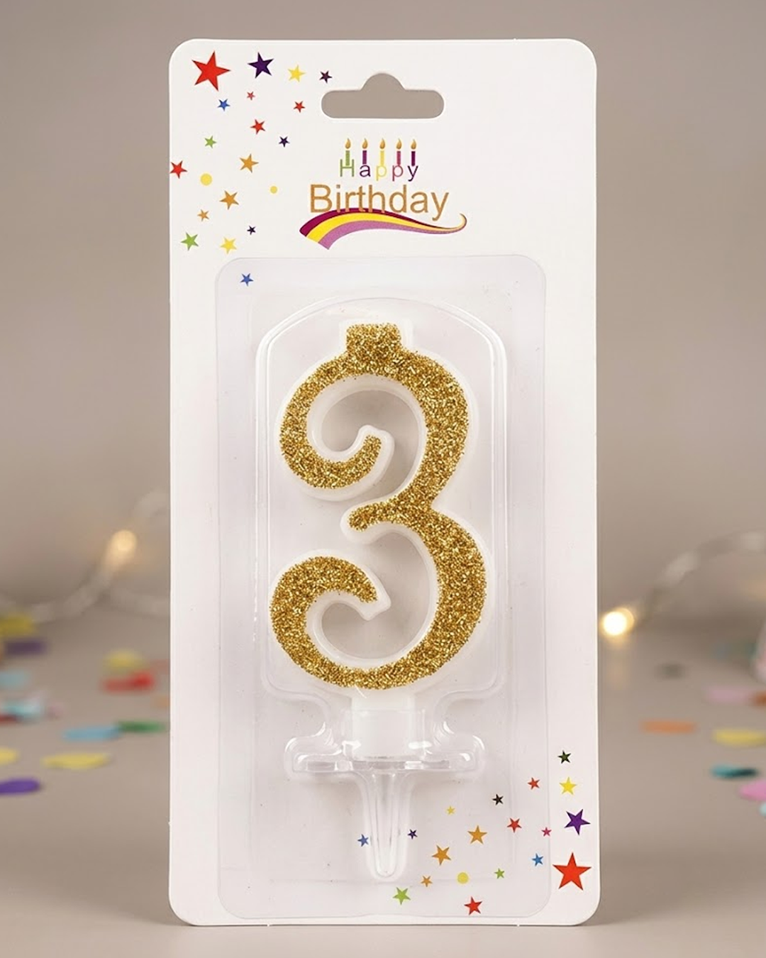Golden Glitter Number 3 Birthday Cake Candle - Image 2