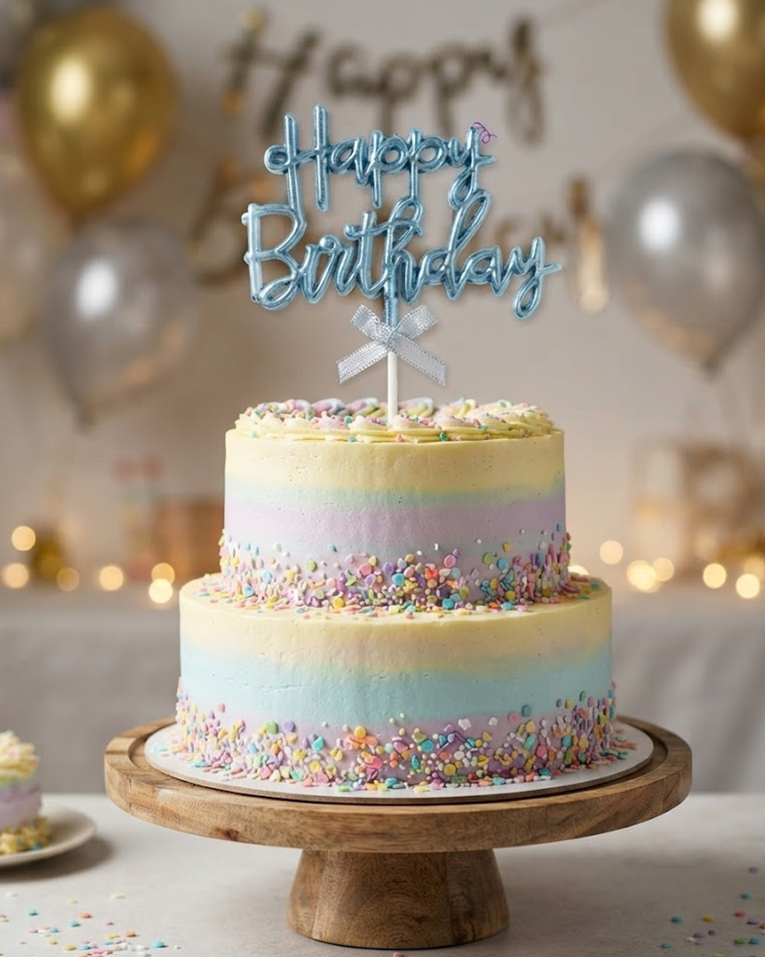 Blue “Happy Birthday” Script Cake Topper with Bow
