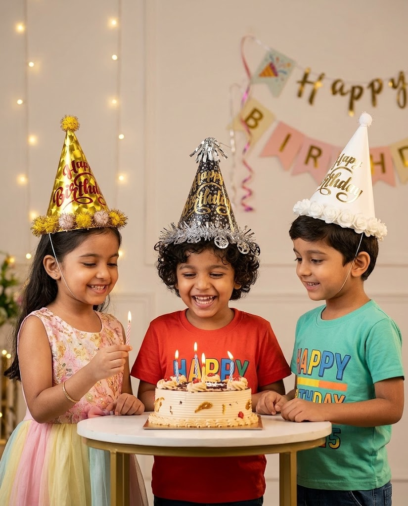 Elegant Happy Birthday Party Hats Set – Gold, Black & White