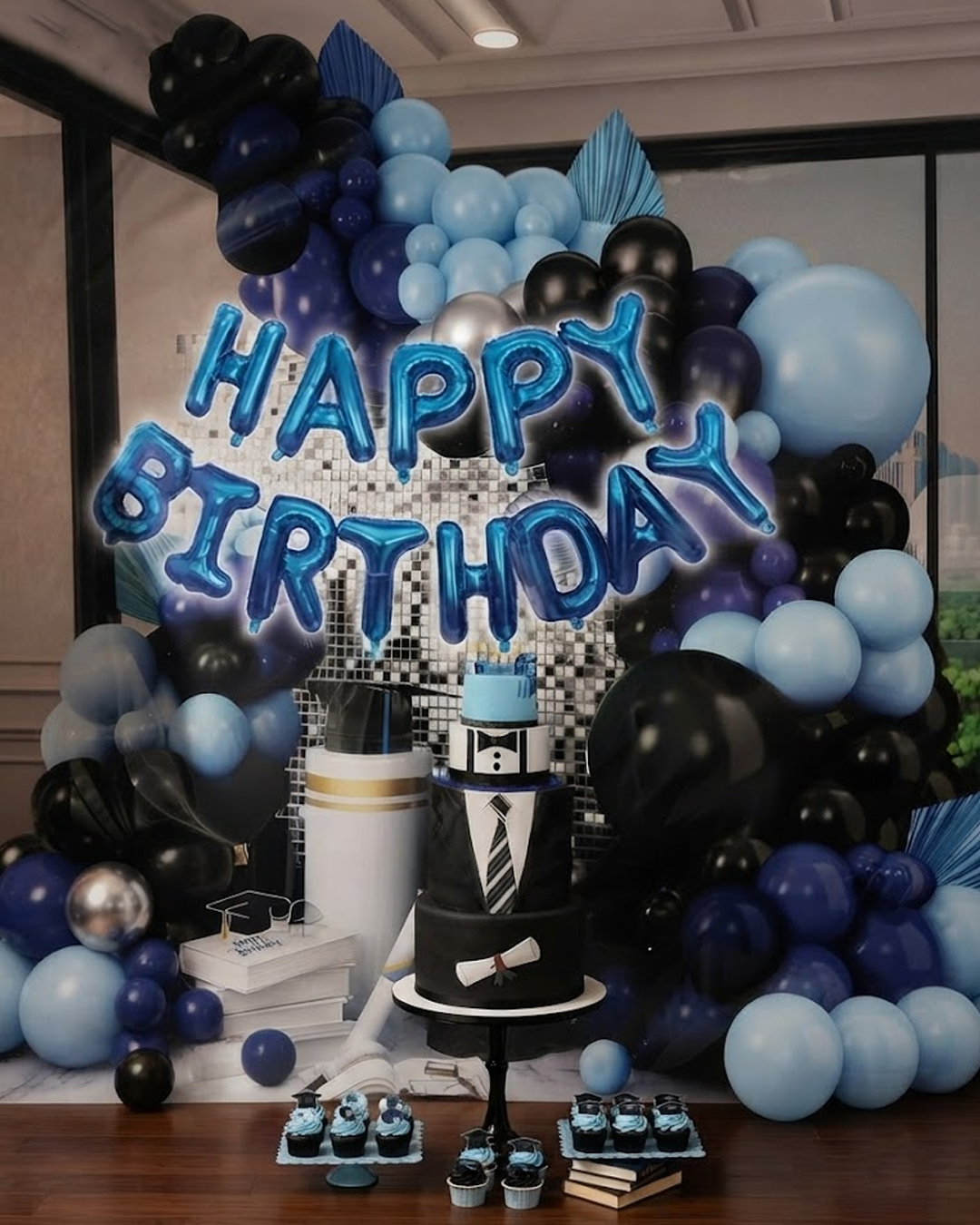 Happy Birthday Blue and Black Balloon Decoration Set