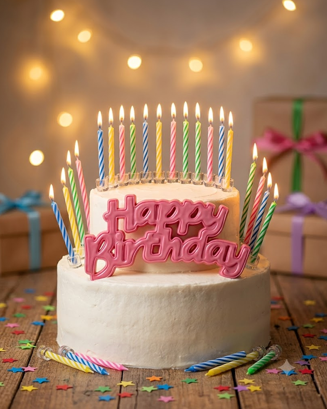 Happy Birthday Pink Cursive Letter Candle with Colorful Candles Set
