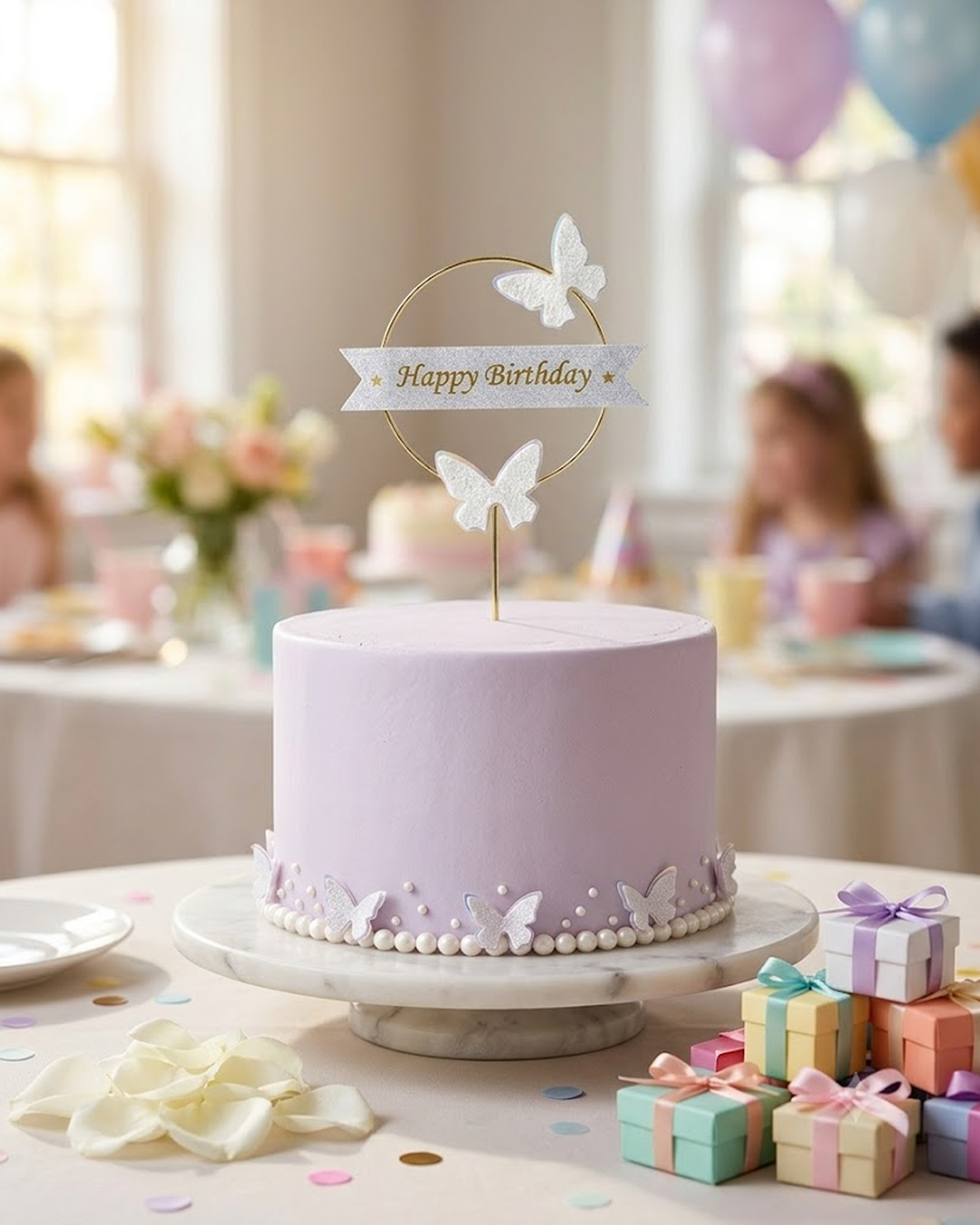 Elegant “Happy Birthday” Hoop Cake Topper with Butterflies