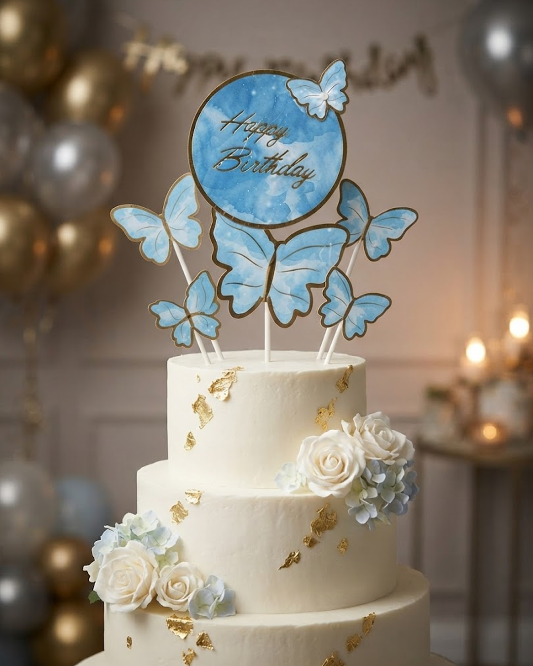 Blue Butterfly Happy Birthday Cake Topper Set