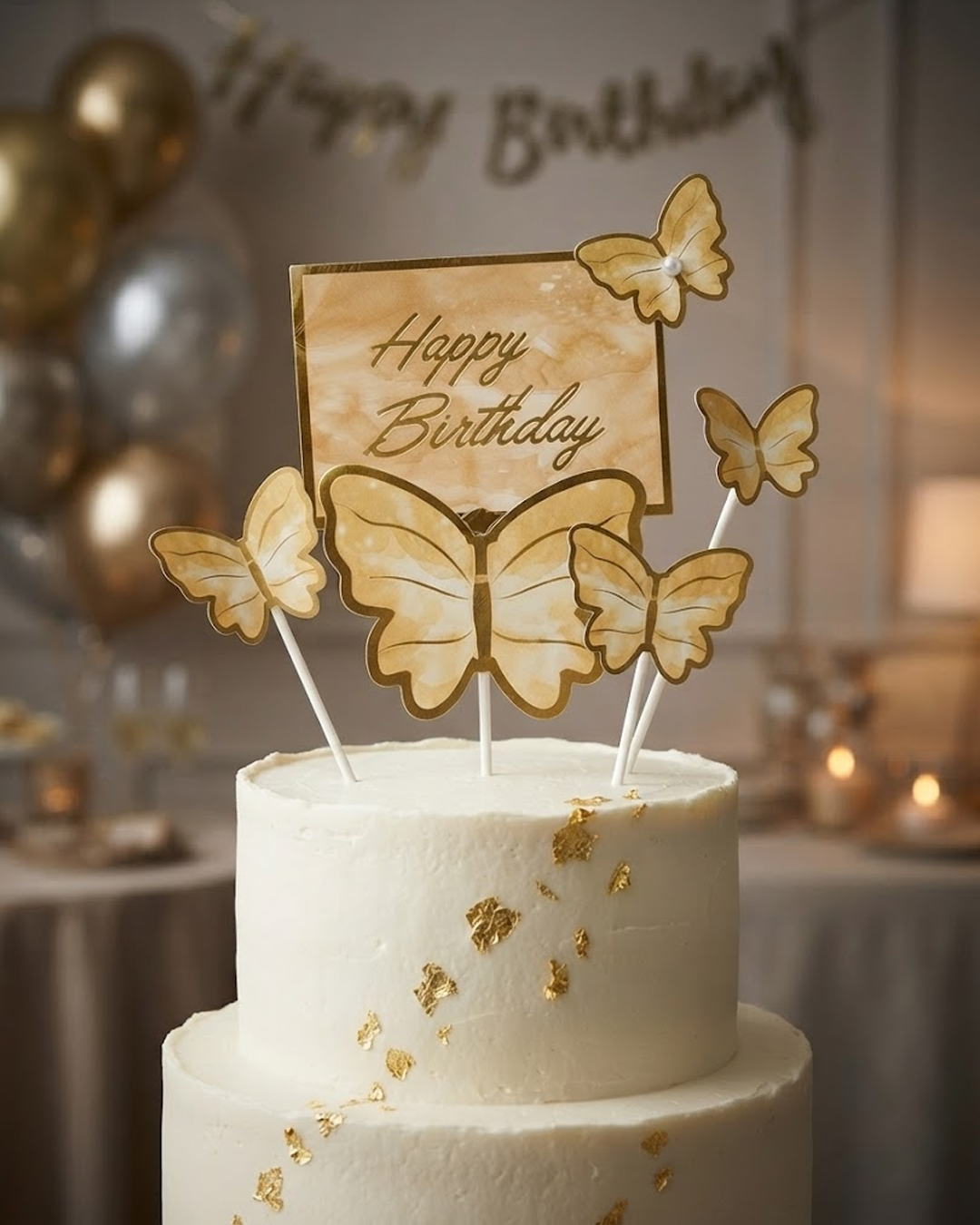 Elegant Gold “Happy Birthday” Butterfly Cake Topper Set