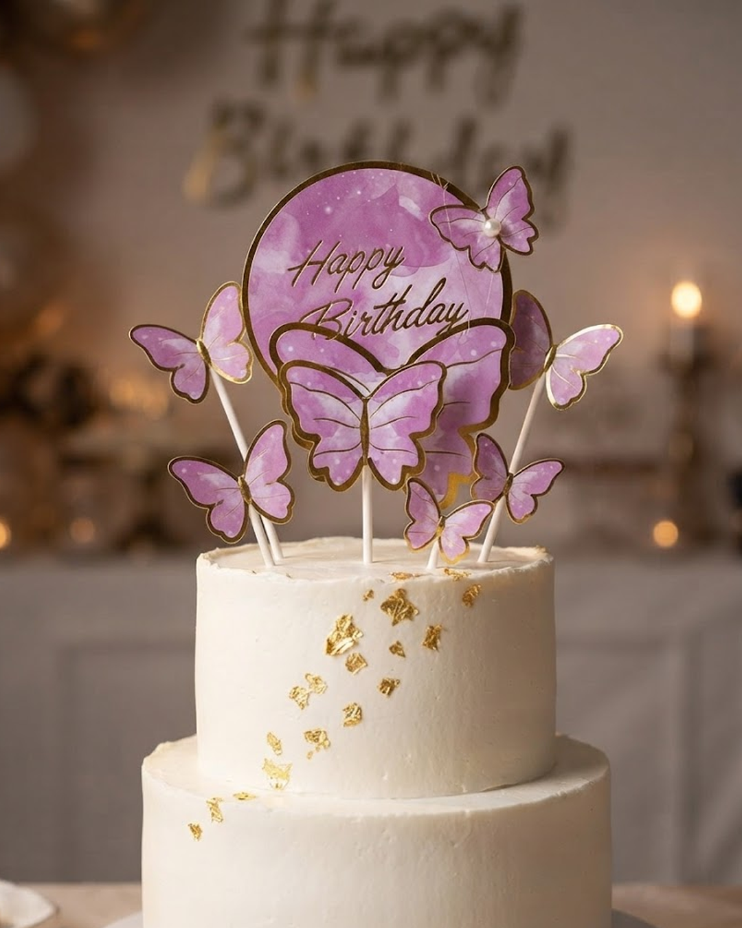 Elegant “Happy Birthday” Hoop Cake Topper with Purple Butterflies
