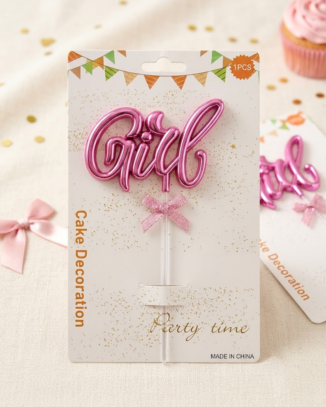 Elegant "Girl" Glitter Cake Topper with Bow Accent - Image 2