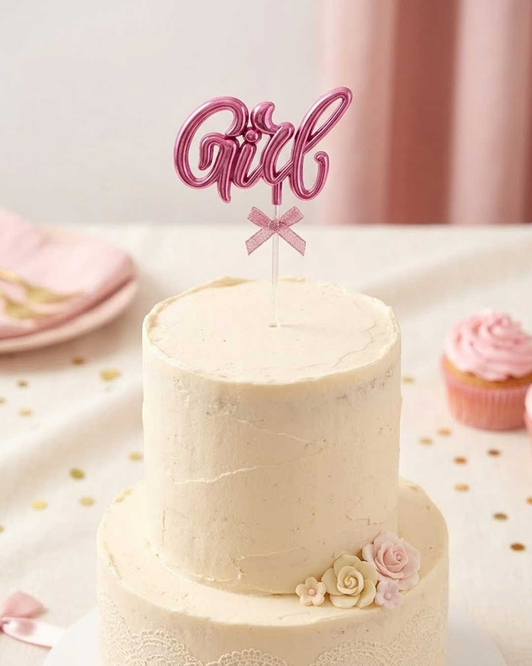Elegant “Girl” Glitter Cake Topper with Bow Accent