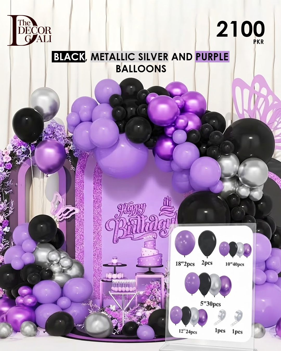 Black, Metallic Silver and Purple Balloon Decoration Set