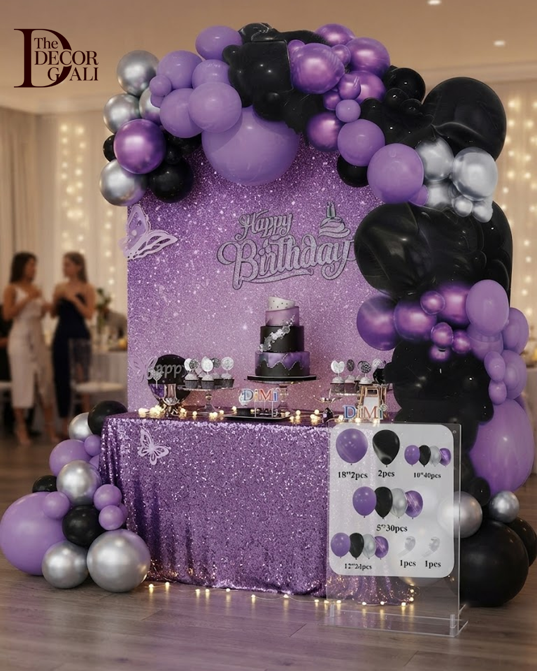 Black, Metallic Silver and Purple Balloon Decoration Set - Image 3