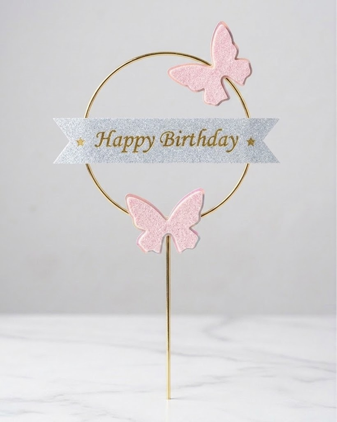 Elegant "Happy Birthday" Hoop Cake Topper with Pink Butterflies - Image 2