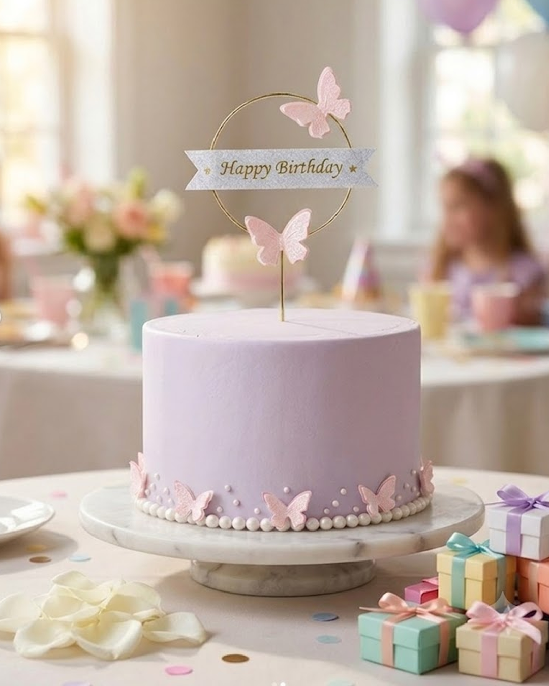 Elegant “Happy Birthday” Hoop Cake Topper with Pink Butterflies