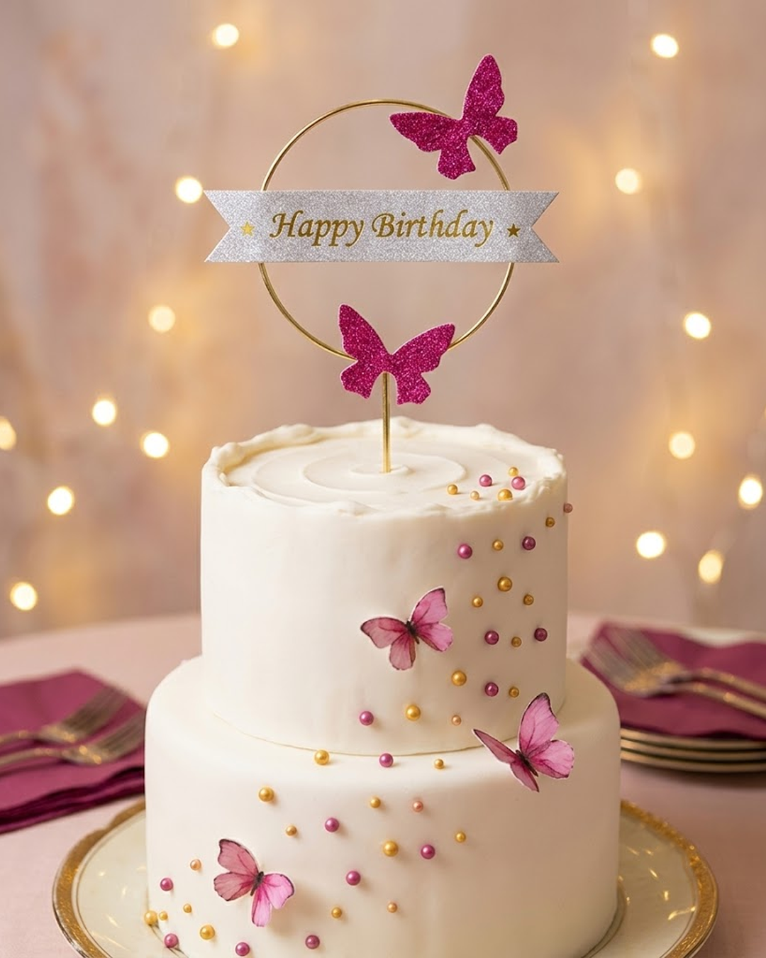 Elegant “Happy Birthday” Hoop Cake Topper with Red Butterflies